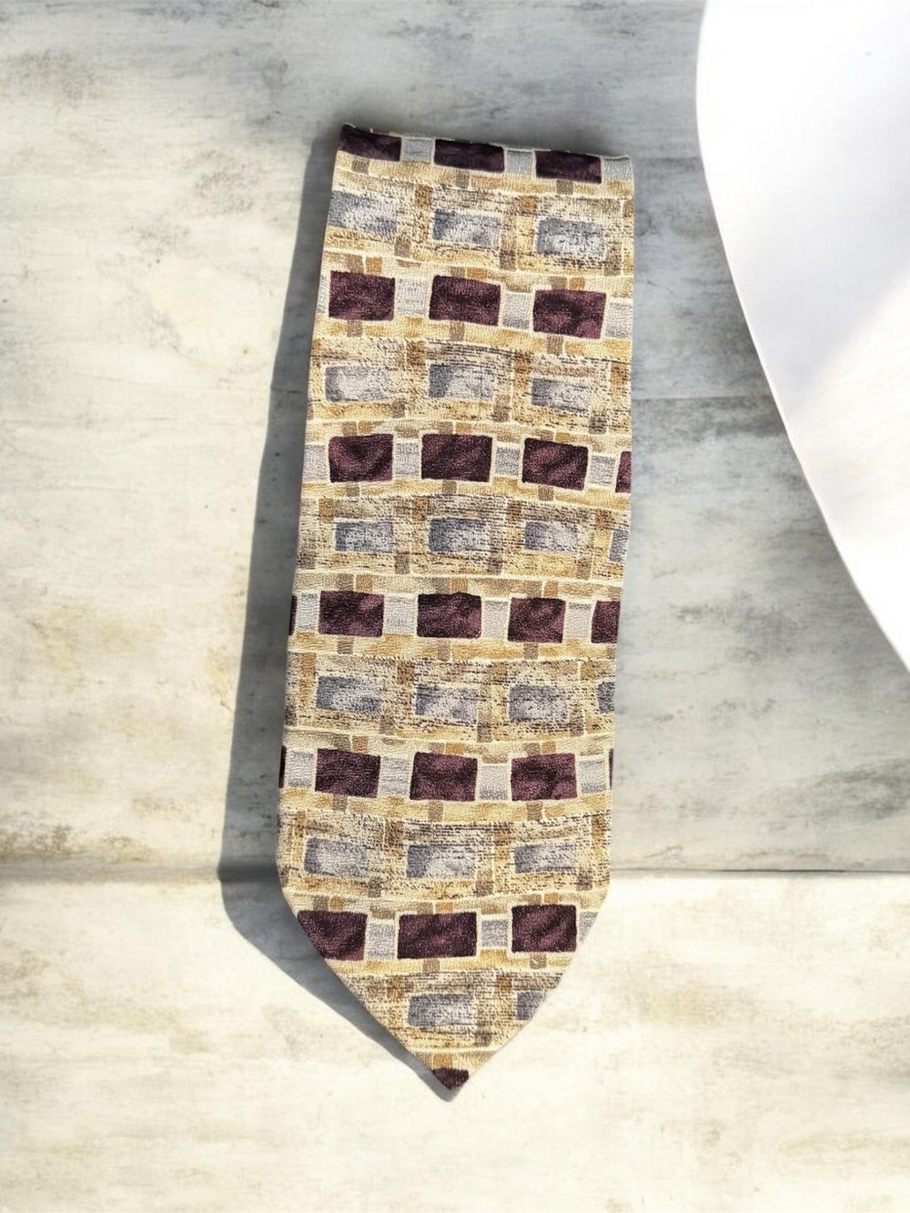 J. Riggings Mens Geometric Pattern Tie in Purple, Gray and Beige